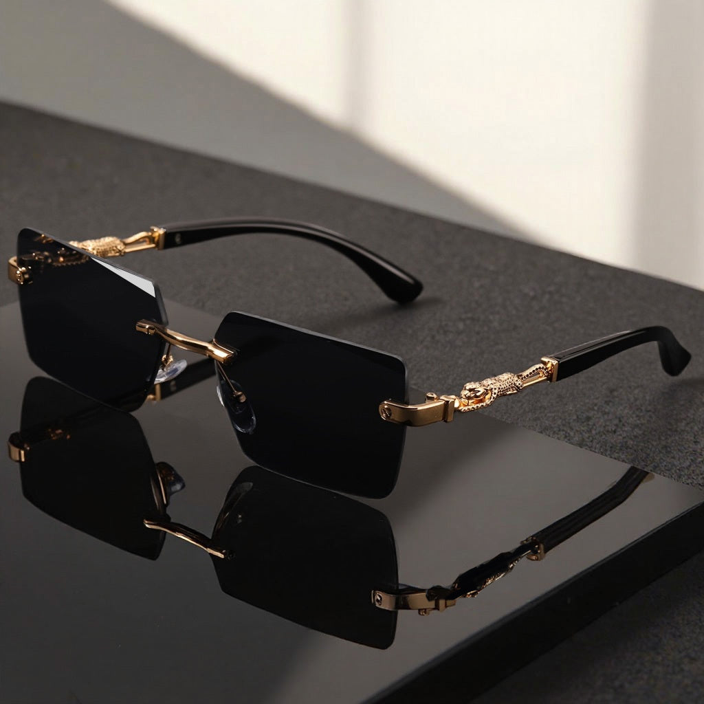 Unisex Luxury Frameless Sunglasses with Leopard Arms - UV400 Narrow Rectangular Lens Black & Gold Fashion Eyewear for Men & Women, Includes Protective Case & Cleaning Cloth for Driving Travel & Parties
