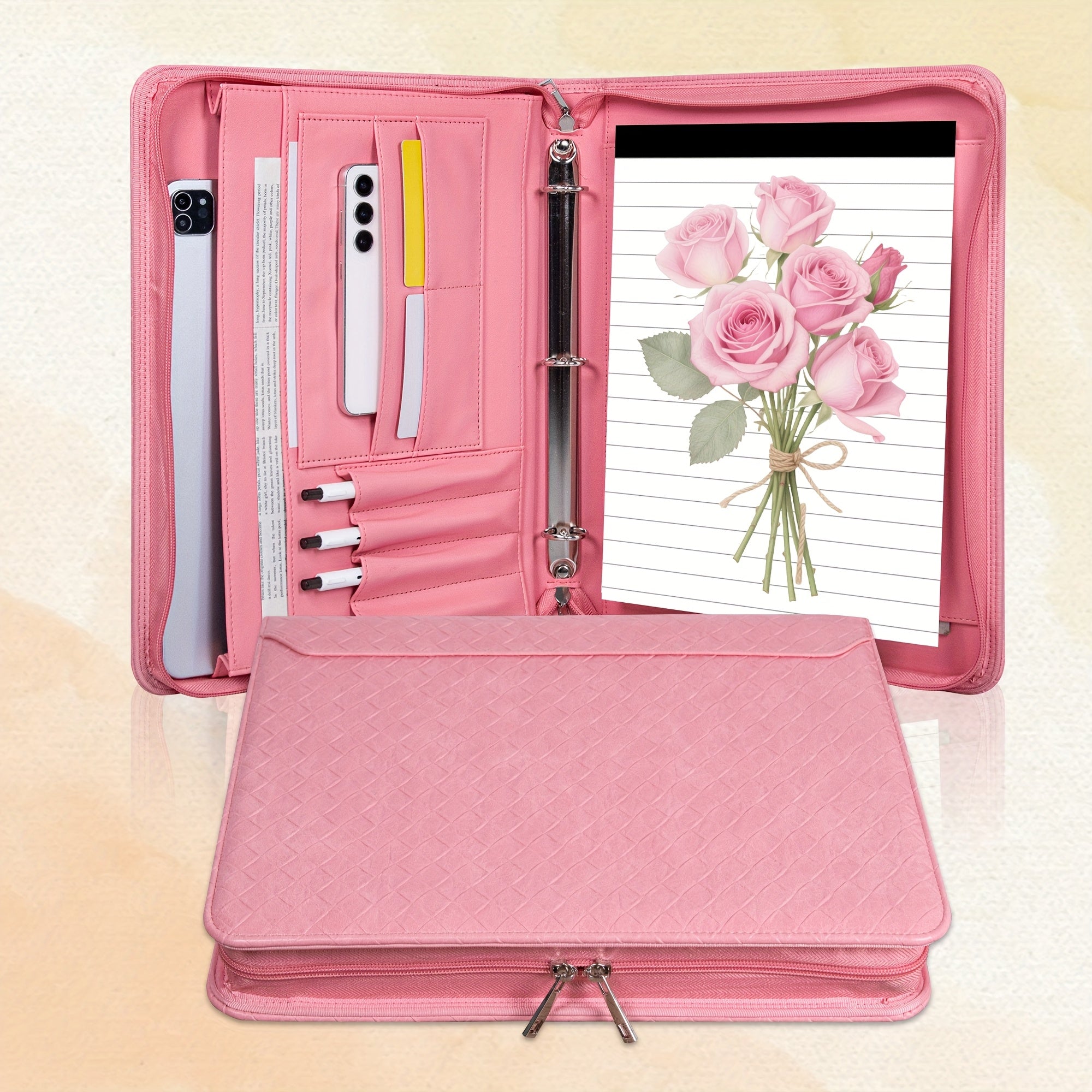 Vegan Leather Portfolio Binder 3-Ring Zipper with Laptop Pocket A4 Legal Work Organizer for Women Men Office School