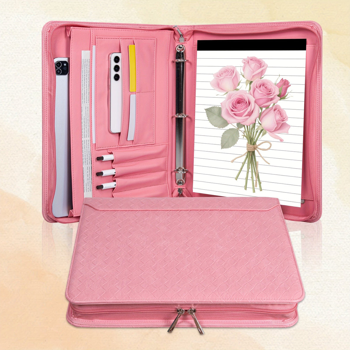 Vegan Leather Portfolio Binder 3-Ring Zipper with Laptop Pocket A4 Legal Work Organizer for Women Men Office School