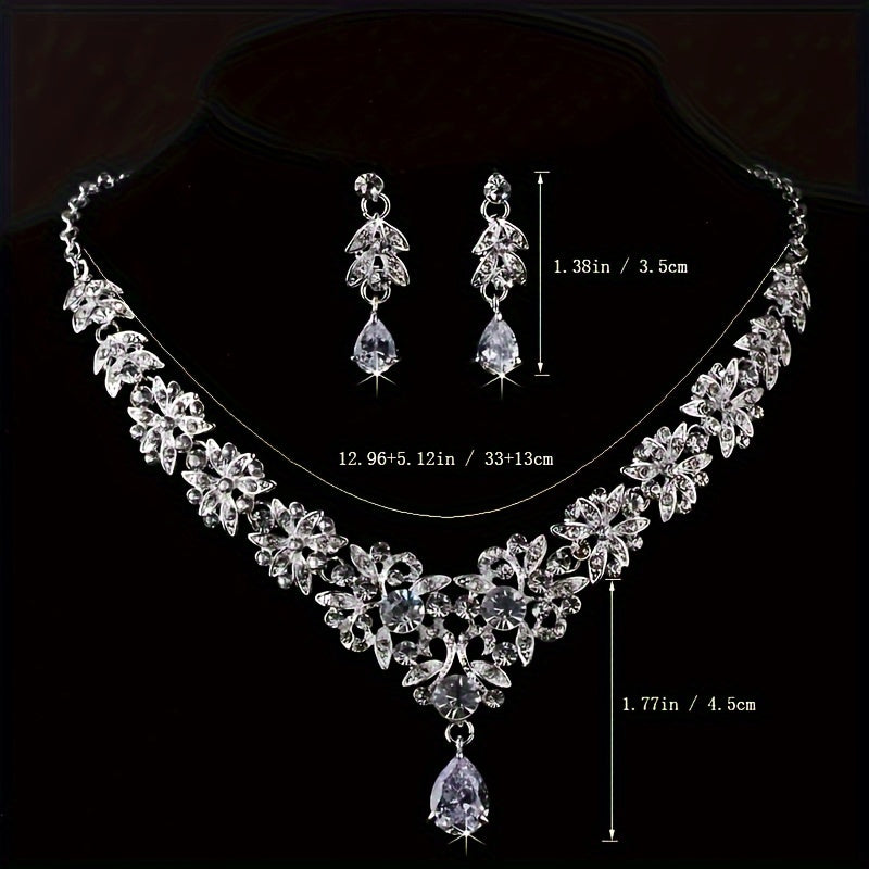 Bridal Jewelry Set 3 Pieces Silver Plated Crown Necklace & Earrings – Wedding Tiara Set for Bride Bridesmaid Prom Queen Birthday Banquet Quinceanera June Birthstone Gift for Women