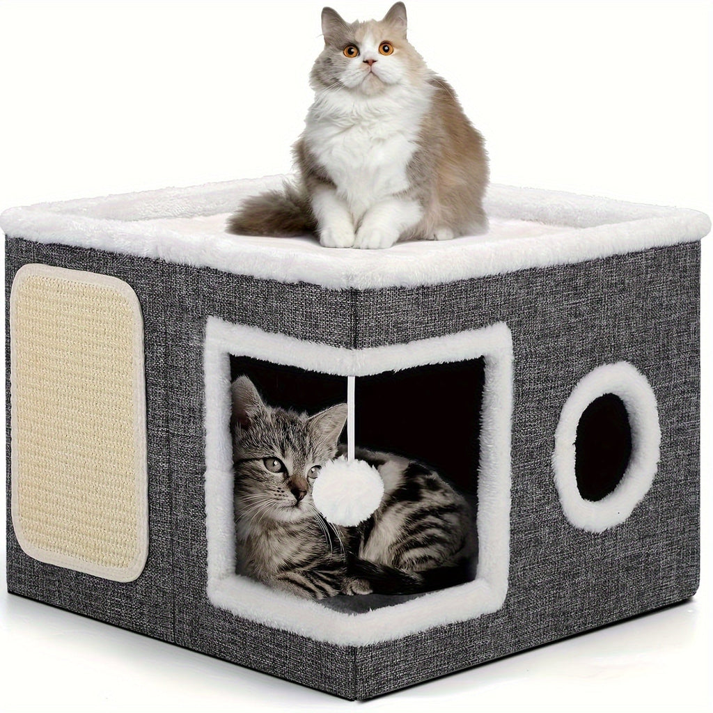 Luxury Multi-Level Cat House Indoor Outdoor 2-Layer Bed Toy Tunnel Foldable Sofa Cat Scratching Board Climbing Rope Soft Cushion Cat Play Cube Weatherproof Nylon Frame Cat Arch Stairs