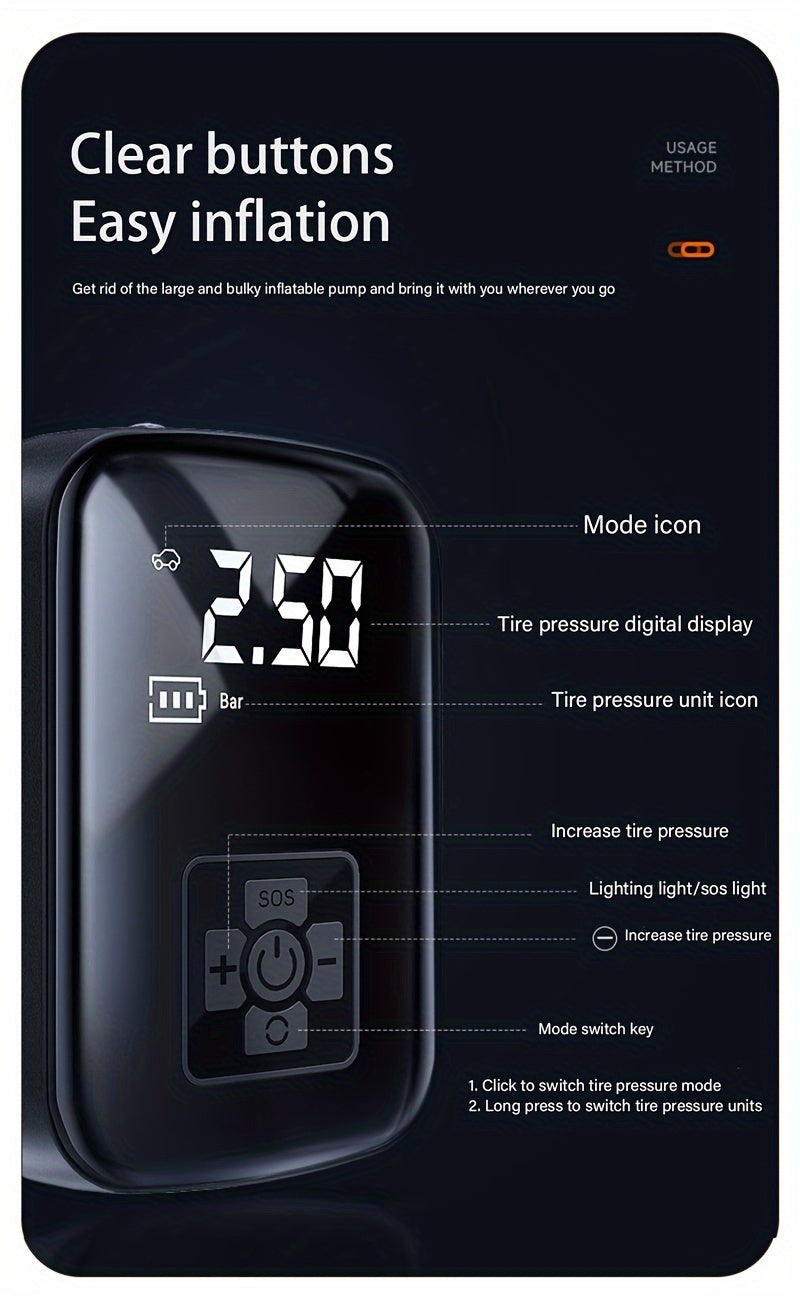 Portable Tire Inflator 100W Cordless Air Pump 4000mAh Battery 30-Second Inflation 5 Modes Digital PSI Display Type-C Fast Charging LED Light Multi-Nozzle for Car Motorcycle Bicycle Ball
