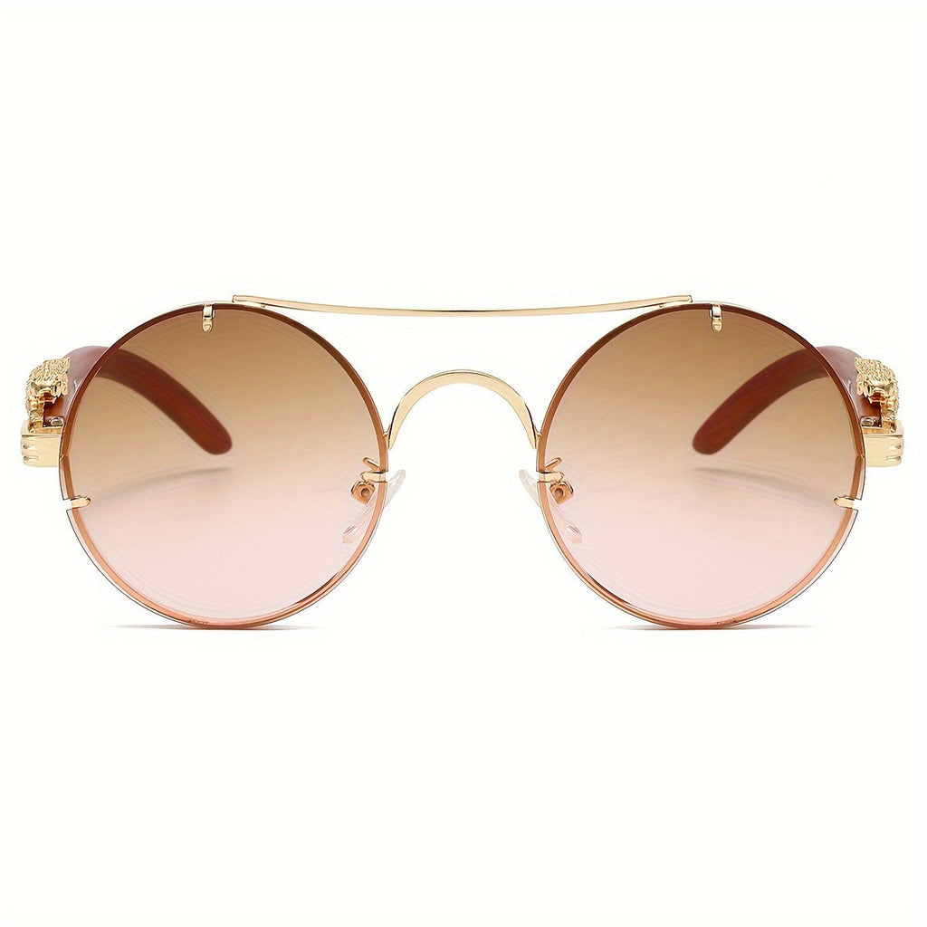 Round Metal Frame Gradient Sunglasses for Men & Women – Luxury Double Bridge, Leopard Detail Hinges, Gradient PC Lenses, Includes Case, Chic Vacation & Street Style Eyewear