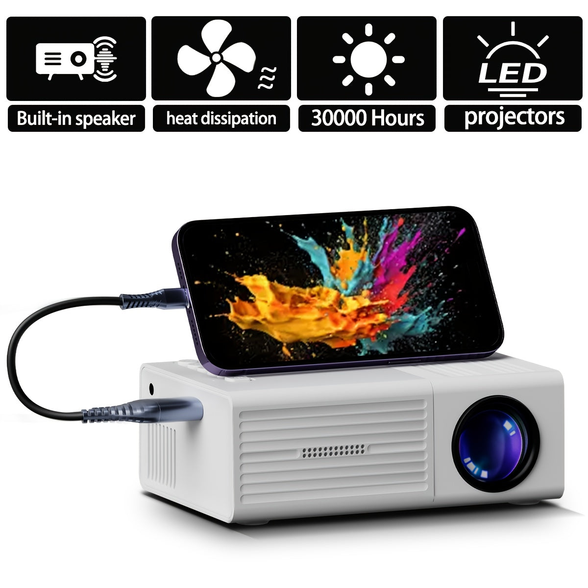 Portable Projector 1080P Supported 1280x720 Native Resolution USB Plug-and-Play Wireless Remote Control Modern Style Home Theater Bedroom Outdoor Movie Projector