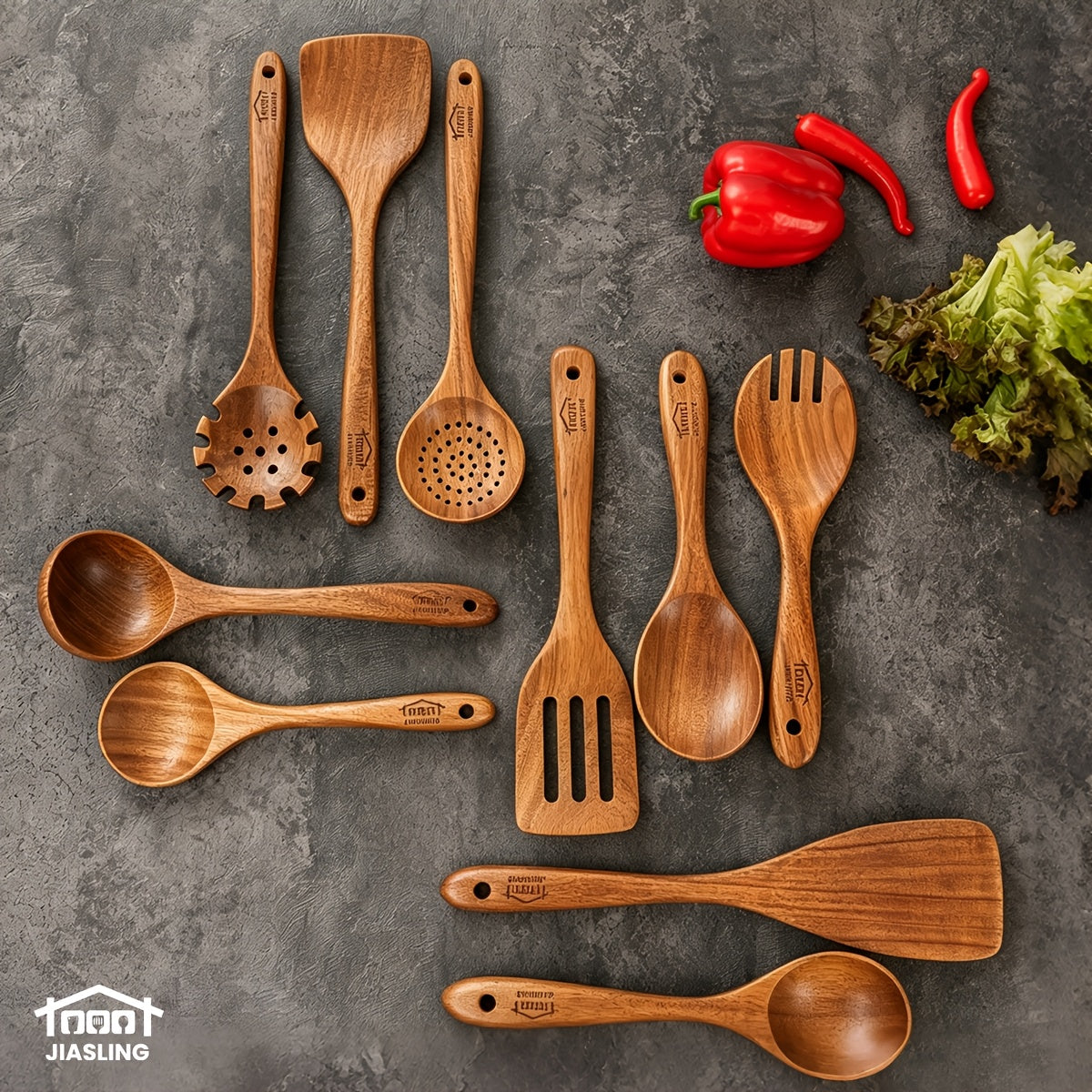10-Piece Natural Teak Wooden Kitchen Utensils Set - Cooking Spoons, Spatulas & Shovel, Non-Stick Safe, Heat Resistant, Eco-Friendly Wood Cookware Tools for Home Kitchen