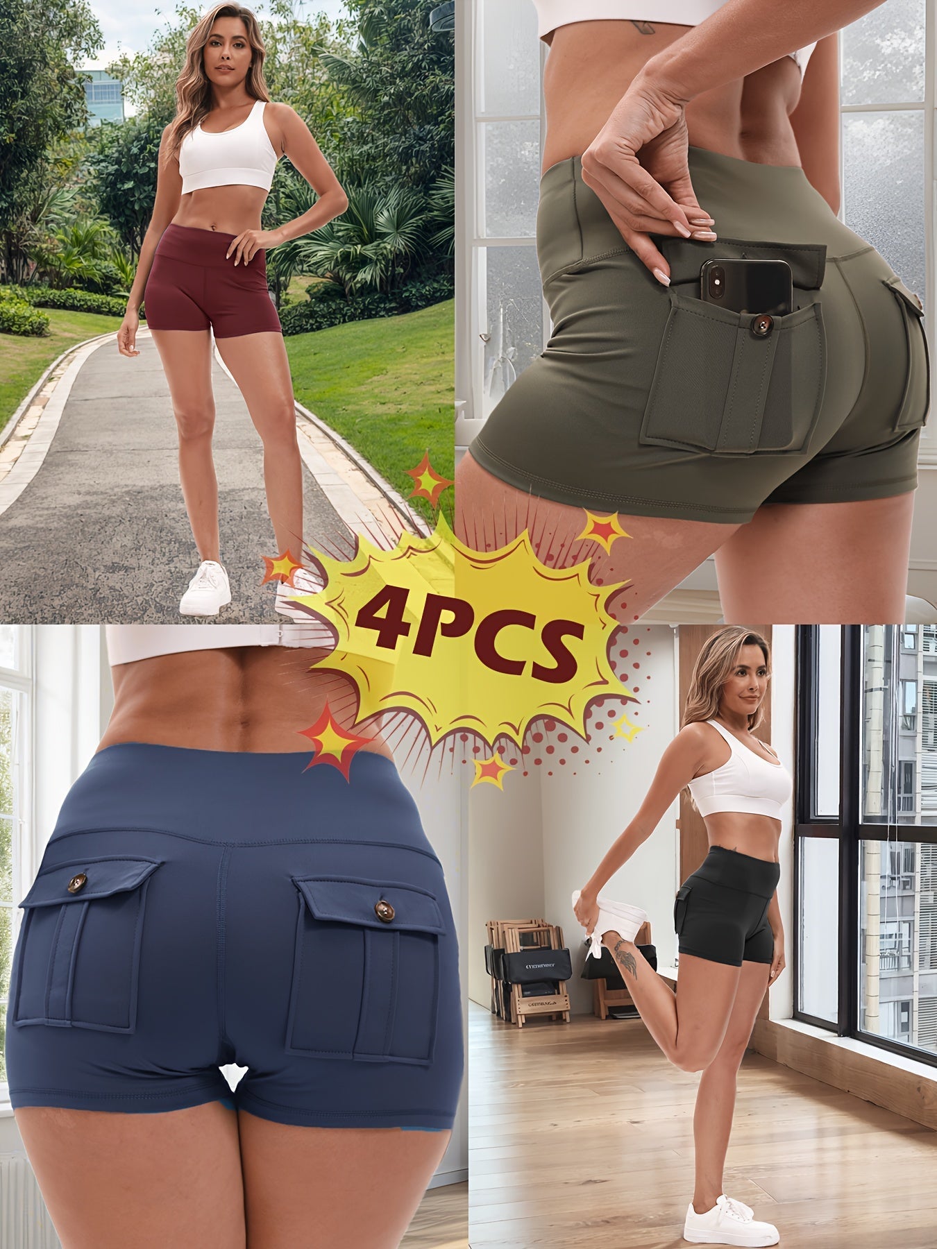 Women's Yoga Shorts 4 Pack High-Stretch Hip Lifting Quick-Dry – Fitness Athletic Shorts with Elastic Waist & 2 Pockets for Gym Running Pilates, Solid Color Set S-XXL
