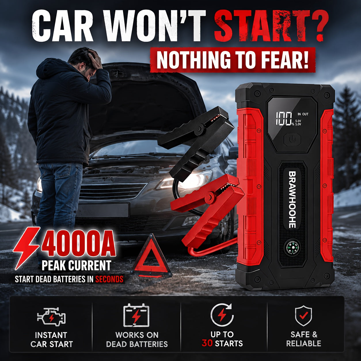9-in-1 Car Jump Starter 6500A 12V with 160PSI Air Compressor – Portable Battery Booster, Emergency Power Bank, LED Flashlight & Roadside Kit, Wireless Jump Starter for Cars, Trucks, SUVs & Motorcycles