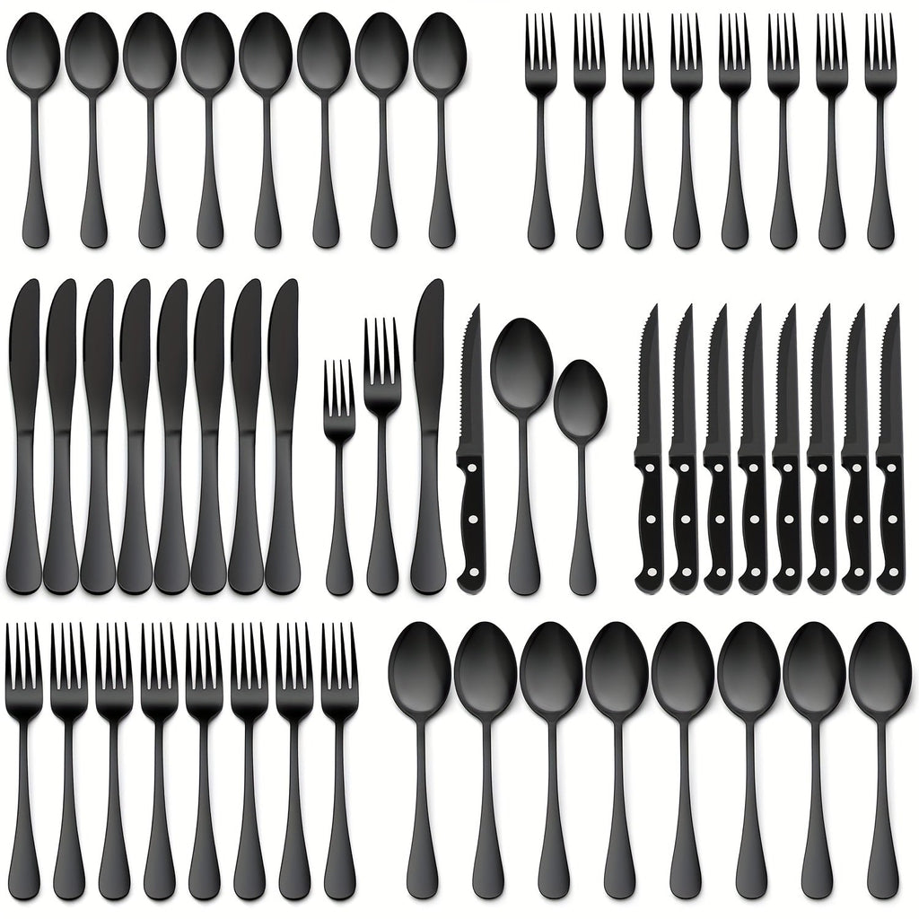48-Piece Silverware Set with Steak Knives Service for 8 – 304 Stainless Steel Flatware Cutlery Set Mirror Finish Dishwasher Safe Spoons Forks Knives Silver Black
