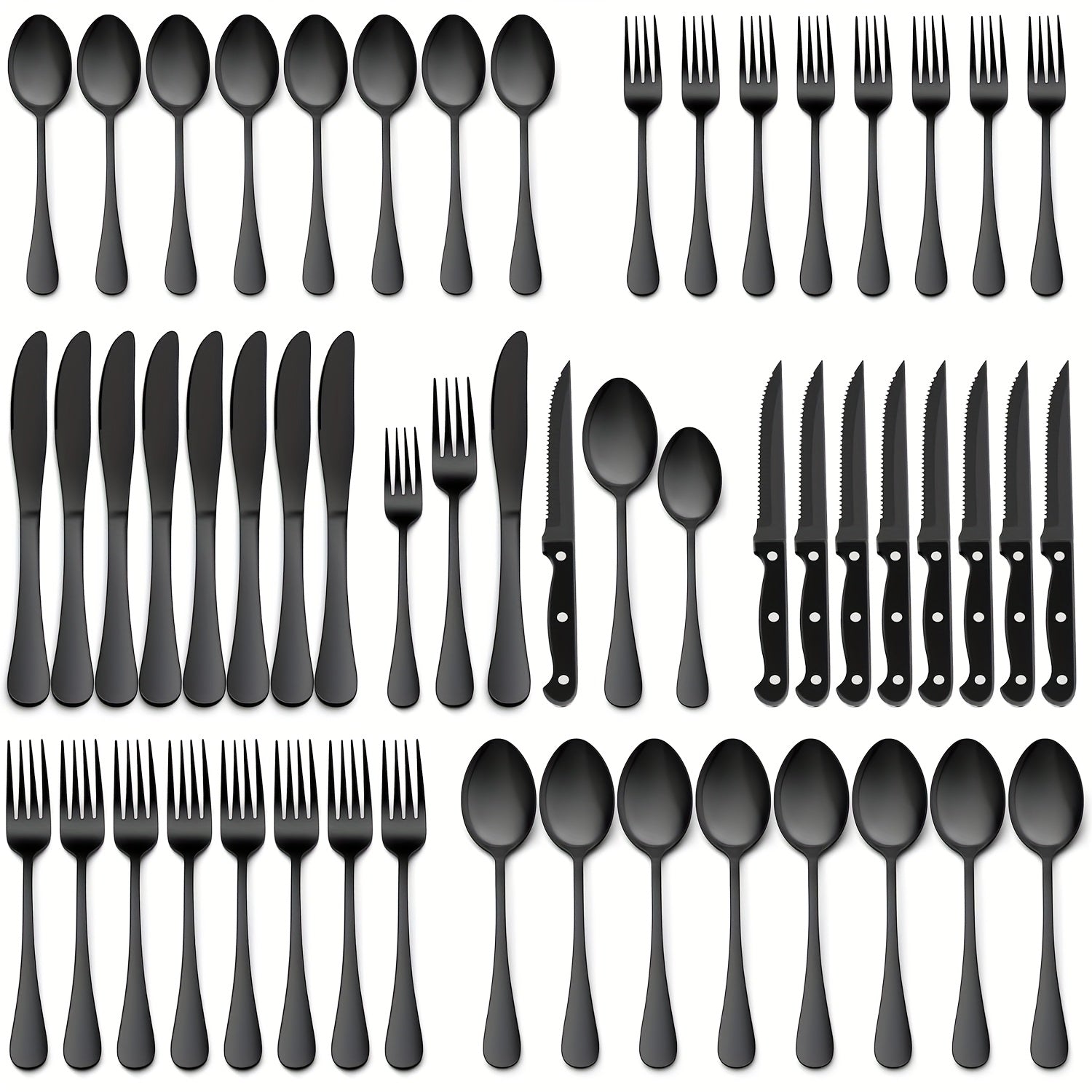 48-Piece Silverware Set with Steak Knives Service for 8 – 304 Stainless Steel Flatware Cutlery Set Mirror Finish Dishwasher Safe Spoons Forks Knives Silver Black