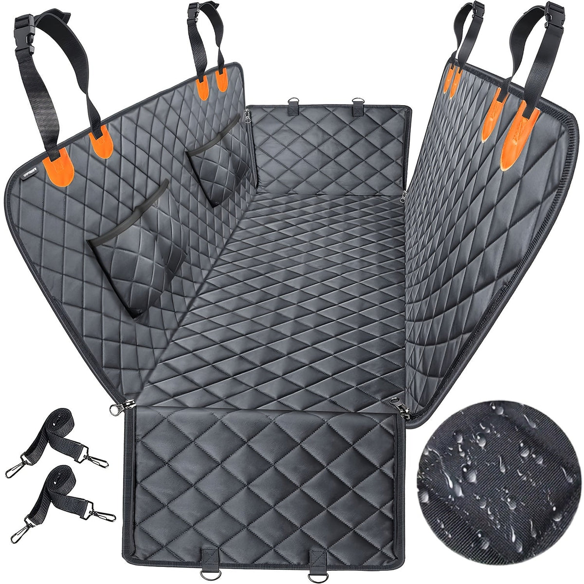 Dog Car Seat Cover Pet Hammock 600D Waterproof Scratch-Proof Rear Seat Protector with 4 Side Pockets & Non-Slip Backing – Universal Fit for Cars, Trucks & SUVs, All Dog Breeds