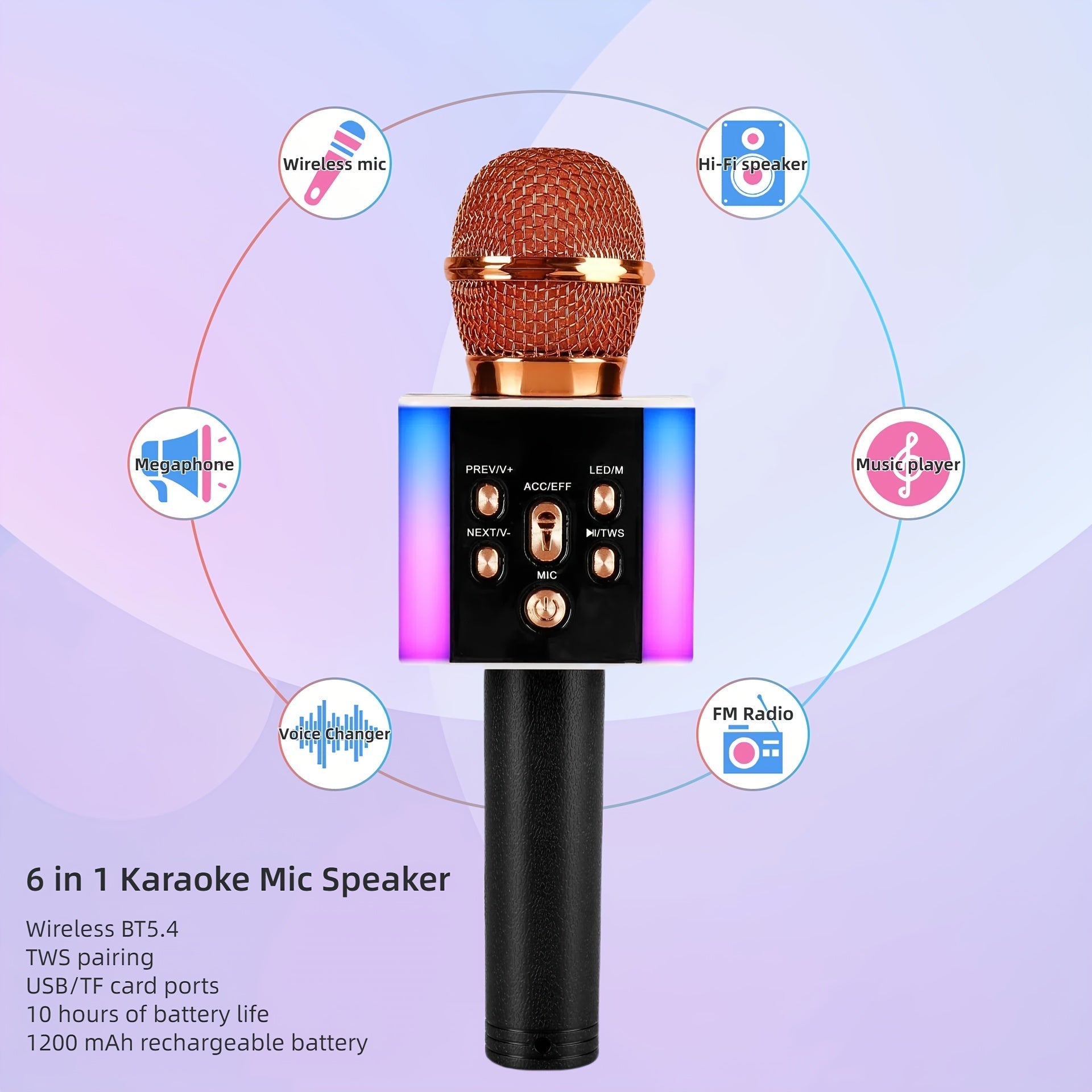 5-in-1 Wireless Karaoke Microphone with Built-In Speaker, LED Lights & Voice Changer – Portable Bluetooth Singing Mic for Parties, Family Gatherings, Travel & Outdoor Fun, 10 Colors
