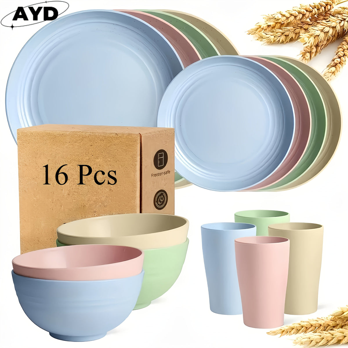 Wheat Straw Dinnerware Set 16 or 32 Piece – Unbreakable Lightweight Dishwasher Microwave Safe Plates Bowls Cups Modern Kitchen Tableware Gift for Thanksgiving Christmas Housewarming