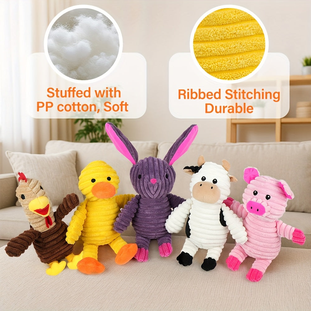 Plush Dog Squeaky Toys 5-Pack Bundle Washable Stuffed Animal Chew Toys for Small Medium Large Dogs – Embroidered Safety Eyes, Pig Frog Elephant Chicken Fox Designs