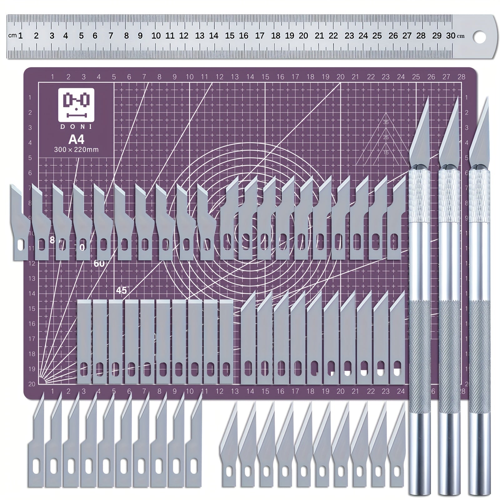 65-Piece Exacto Knife Craft Cutting Kit with A4 Self-Healing Cutting Mat – Precision Stencil Knife, Replacement Blades & Rulers for Paper Modelling DIY Scrapbooking Art Card Making