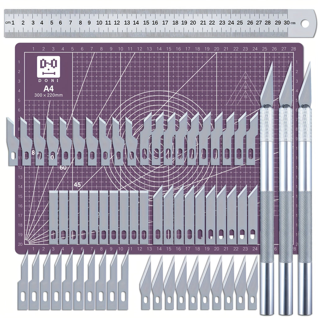 65-Piece Exacto Knife Craft Cutting Kit with A4 Self-Healing Cutting Mat – Precision Stencil Knife, Replacement Blades & Rulers for Paper Modelling DIY Scrapbooking Art Card Making