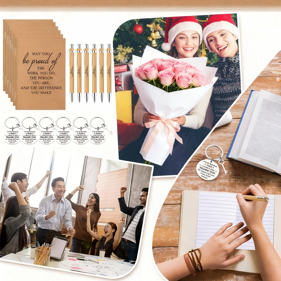 24 Piece Inspirational Gift Set Bulk Bamboo Retractable Pen Keychain Gratitude Notebook Gift Bag Appreciation Gifts for Employees Teachers Coworkers Holiday