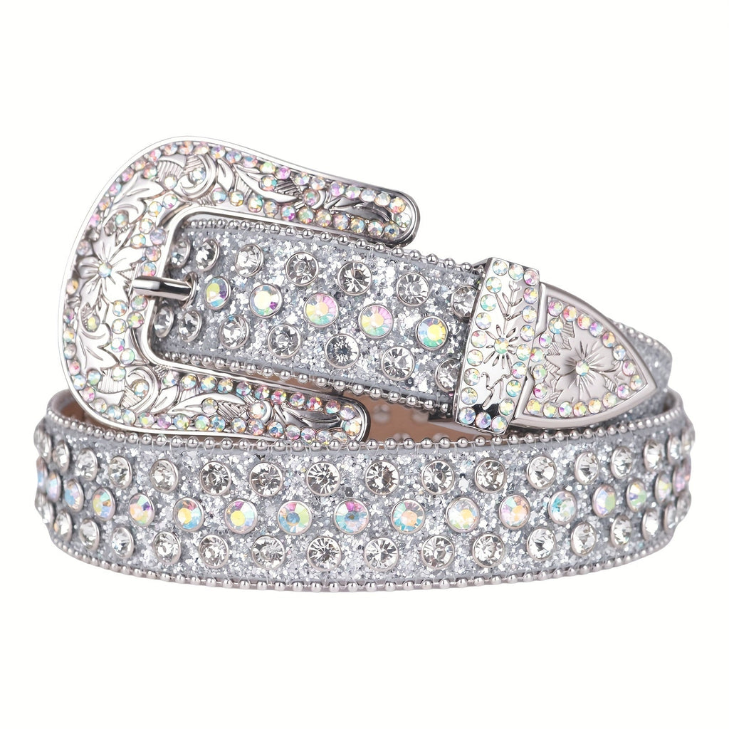 Women's Rhinestone Bling Belt Crystal Studded Carved Buckle – Luxury Silvery Sparkle Cowgirl Western Punk Waist Belt for Jeans Sizes S to 2XL Fashion Gift for Her