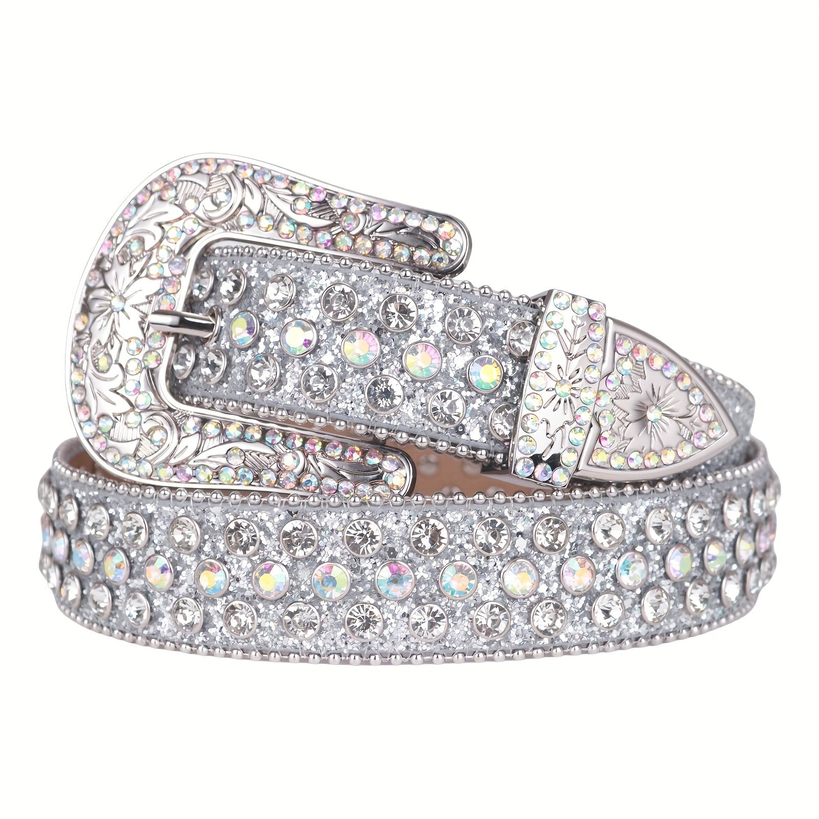 Women's Rhinestone Bling Belt Crystal Studded Carved Buckle – Luxury Silvery Sparkle Cowgirl Western Punk Waist Belt for Jeans Sizes S to 2XL Fashion Gift for Her