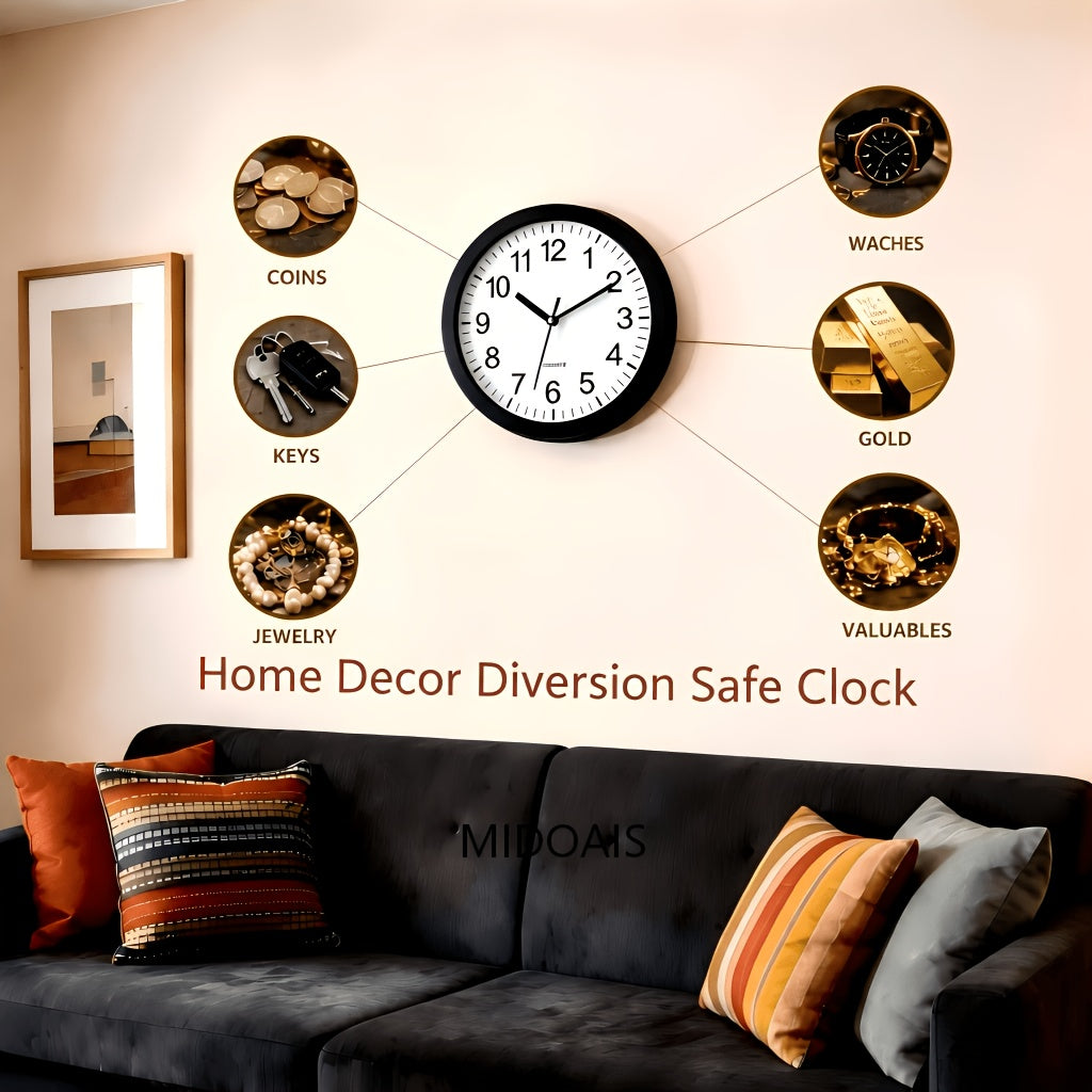 Wall-Mounted Diversion Safe Clock Hidden Secret Compartment Storage for Cash Coins Jewelry Valuables Silent Wall Clock Home Office Security Golden Black Silver
