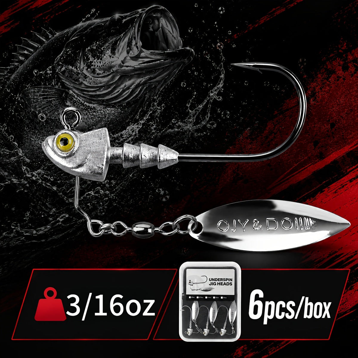 Underspin Jig Heads 6-Pack with 100% Brass Blade (Never Rust) - Bass & Saltwater Fishing Lures - 3/16oz 1/4oz 3/8oz 1/2oz Sizes Included