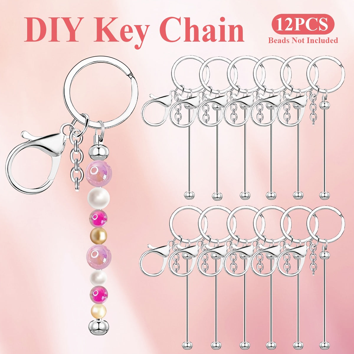 Beadable Keychain Blanks Stainless Steel DIY Kit 12 & 24pcs – Metal Keyring Pendants Gold Silver Rose Gold for Crafting, Christmas Halloween Party Favors & Handmade Gift Making