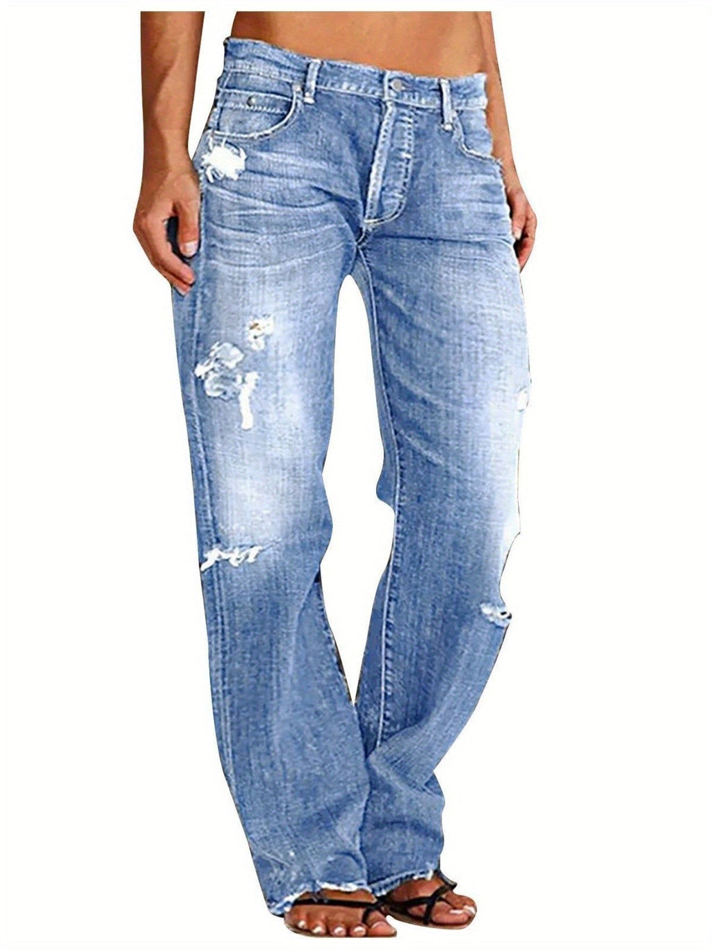 Ripped Flare Wide Leg Jeans Women Distressed Stretch Denim Fashion Streetwear Casual Pants Light Blue Dark Blue XS-XXL