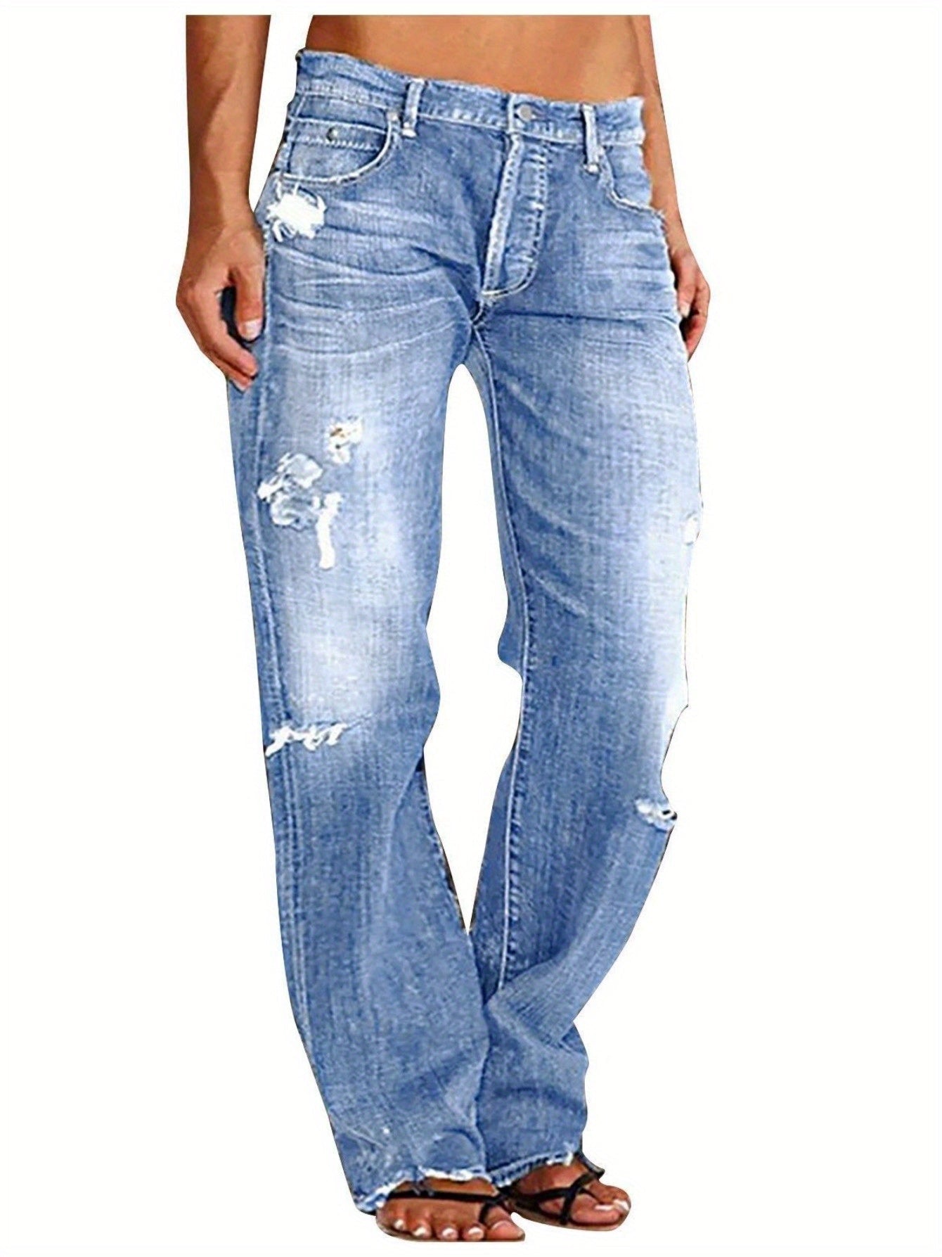 Ripped Flare Wide Leg Jeans Women Distressed Stretch Denim Fashion Streetwear Casual Pants Light Blue Dark Blue XS-XXL