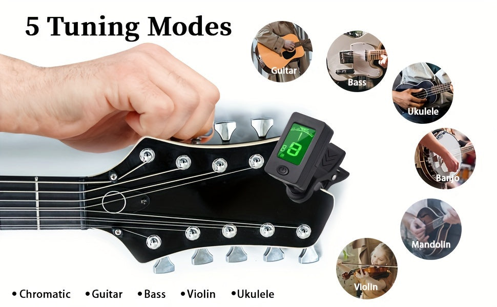 Guitar Clip-On Tuner & Capo Set with Picks 9pcs – Chromatic Multi-Mode Tuner for Acoustic, Electric, Bass, Violin & Ukulele, Spring-Loaded Capo, Rosewood Picks Included