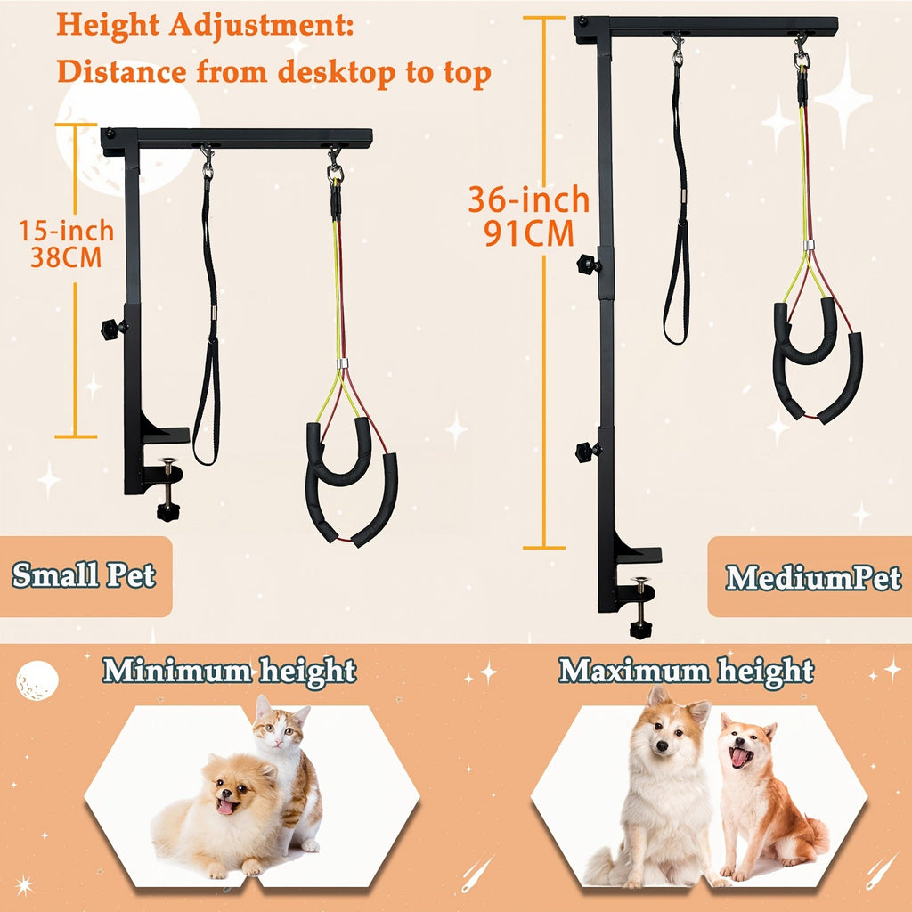 Dog Grooming Arm with Clamp 36 Inch Adjustable Heavy-Duty Iron No-Sit Haunch Holder 3-Section Design Small Medium Dogs Cats Colorful Positioning Ropes Professional Pet Grooming