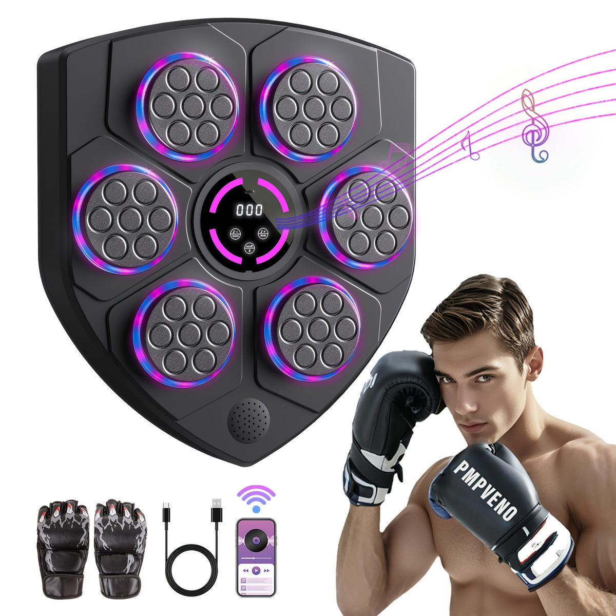 Smart Music Boxing Machine Wall Mounted Punching Trainer with LED Lights Wireless Bluetooth Electronic Boxing Target for Adults Home Gym Fitness Striking Equipment Includes Boxing Gloves