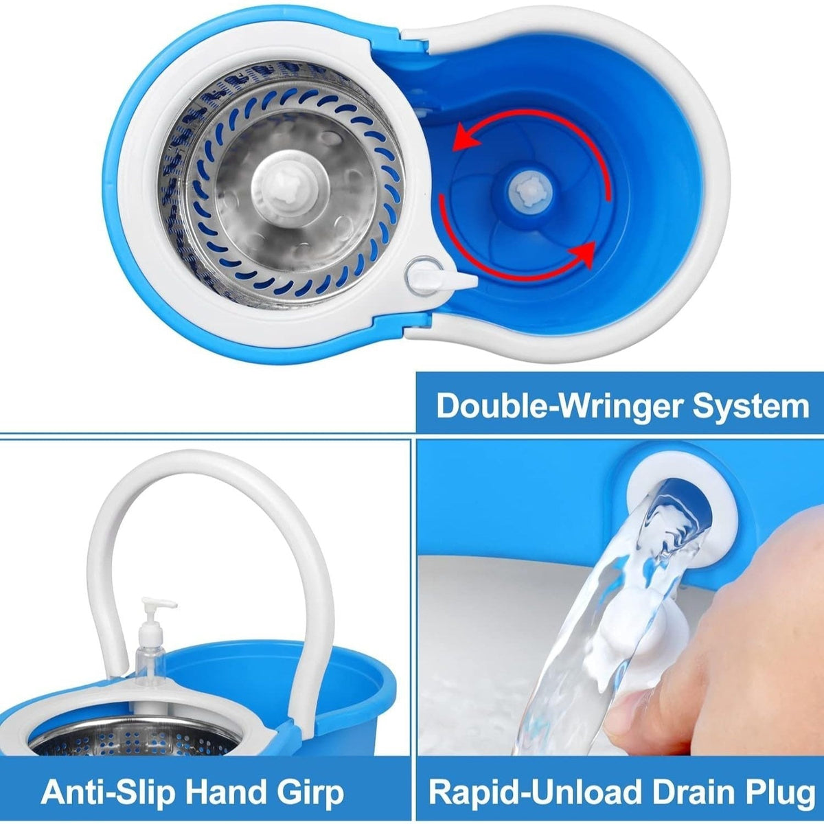 360° Spin Mop and Bucket Set with Wringer – Microfiber Mop Refills Stainless Steel Extended Handle Separate Compartment Floor Cleaning System for Hardwood Tile Laminate, Upgrade Option with 2 Refills