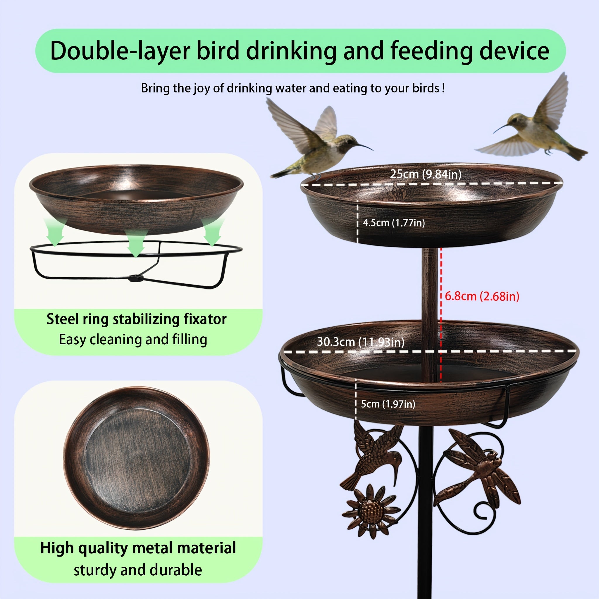 Iron Bird Bath & Feeder 2-in-1 Vintage Outdoor Garden Decor – Rust-Proof 5-Claw Ground Stake, All-Season Bird Drinking & Bathing Stand, Easy Clean Yard & Holiday Decoration