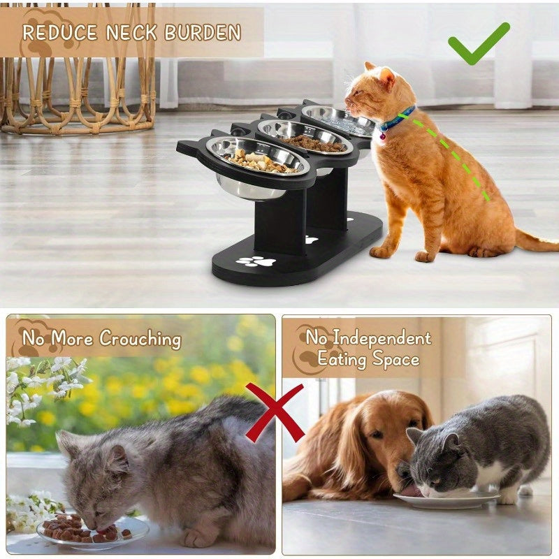 Elevated Cat Bowl Stand 15 Degree Tilted Stainless Steel Bowls Raised Feeder Cats Small Dogs Anti-Spill Black Wooden Base Set of 2 or 3 Bowls Food Water Ergonomic Posture