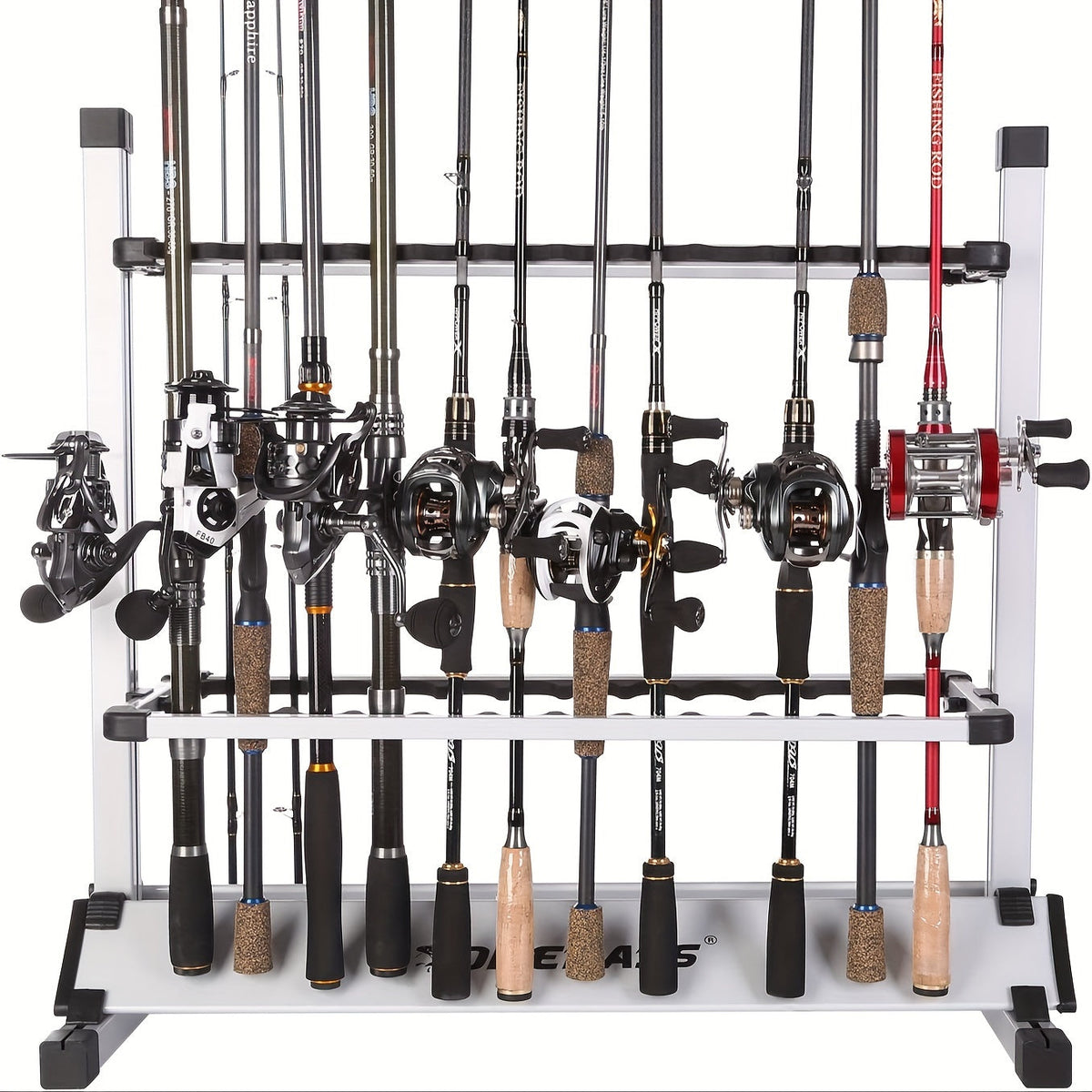 Portable Fishing Rod Holder Rack for 24 Rods Aluminum Alloy Rust-Resistant with Cushioned Grips - Lightweight Organizer for Garage, Cabin, Bedroom & Fishing Storage