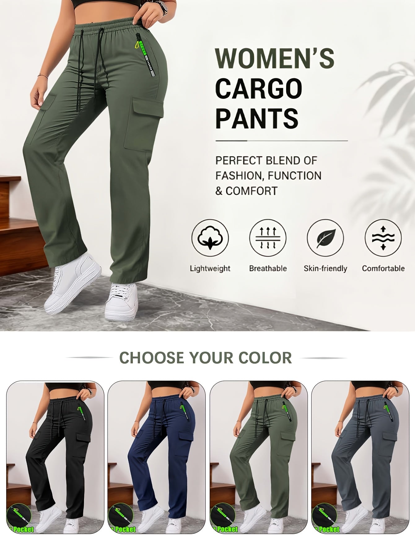 Multi-Pocket Cargo Pants Women Neon Green Zipper Accents Drawstring Waist Full-Length Outdoor Travel Trousers 4 Colors XS-XXL Streetwear