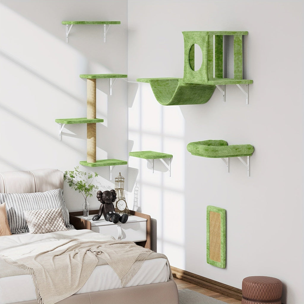 Wall Mounted Cat Climbing Shelf Set 7-Piece Deluxe Indoor Cat Furniture with Condo Scratching Post Bridge Ladder Tunnel – Space-Saving Cat Wall Playground for All Cat Sizes