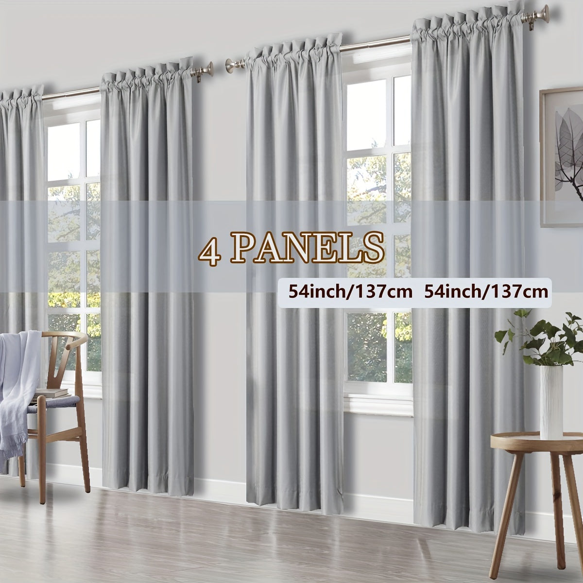 Rod Pocket Light Filtering Curtains 4 Panels – Solid Color Drapes for Living Room Bedroom Office, Easy Install, 10 Colors & 8 Sizes, Yarn-Dyed Fade Resistant Fabric, Home Window Treatment Set