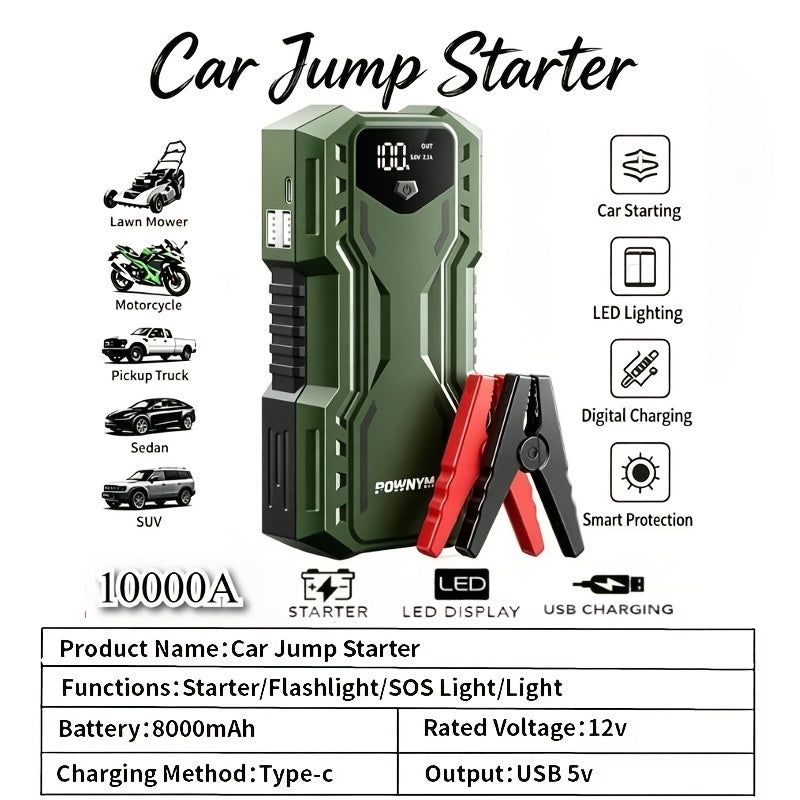 10000A Car Jump Starter 7-in-1 with 150PSI Air Pump – Portable Battery Booster for Gas Up to 10L & Diesel Up to 8L, Power Bank, Vehicle Emergency Kit