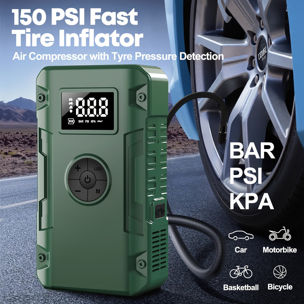 10000A Car Jump Starter 7-in-1 with 150PSI Air Pump – Portable Battery Booster for Gas Up to 10L & Diesel Up to 8L, Power Bank, Vehicle Emergency Kit