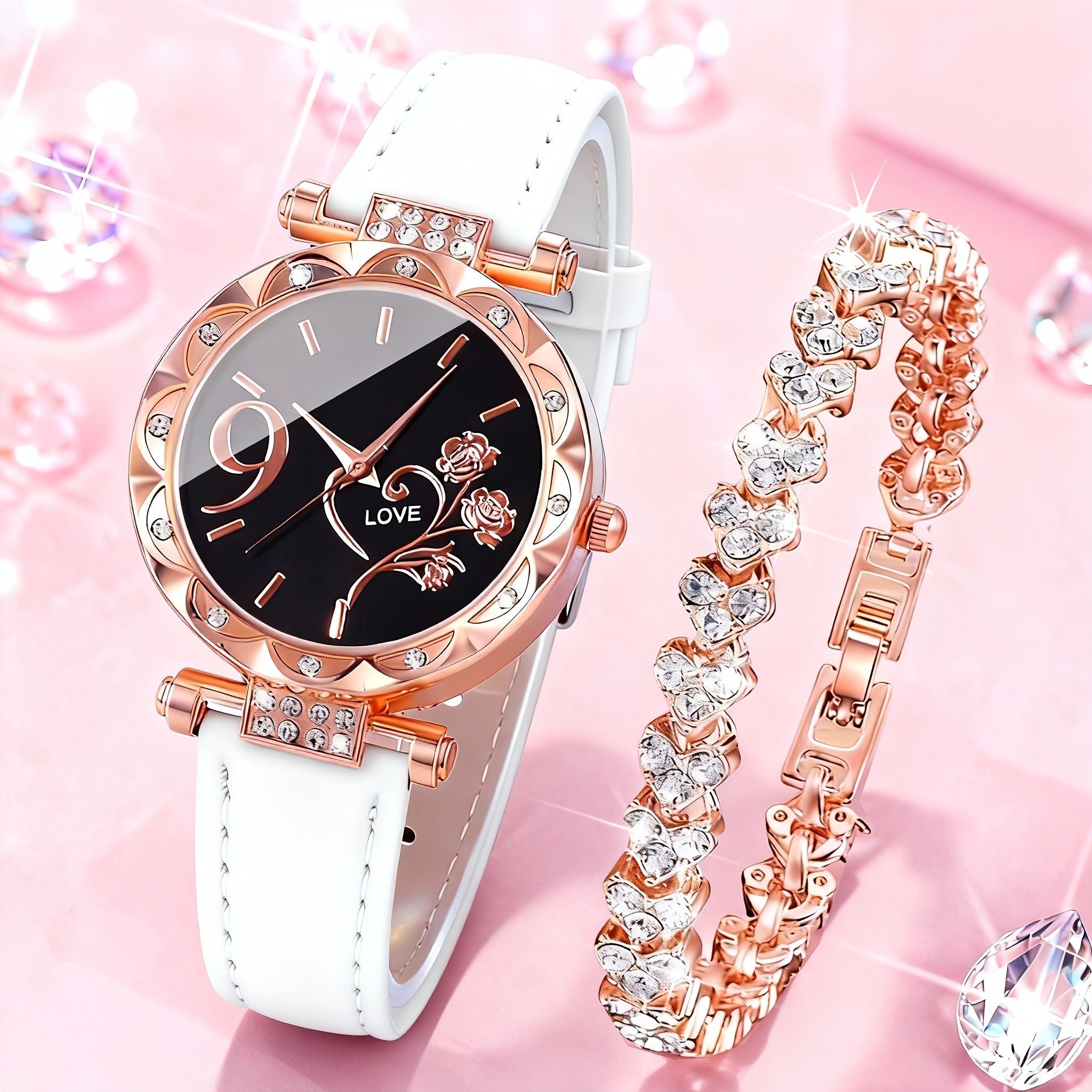 Rhinestone Heart Watch Set for Women – 2 Quartz Watches with Faux Leather Strap, Rose Gold & Pink Bracelet Wristwatch Gift Set for Valentine's Day, Birthdays & Parties