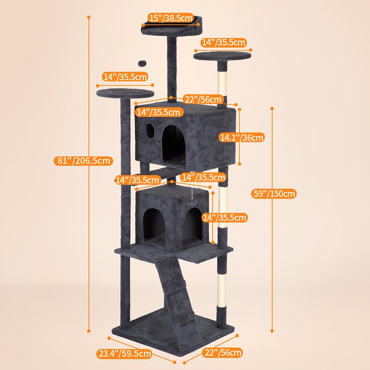 Multi-Level Cat Tree Tower with Scratching Post Perches & Plush Apartments – Space-Saving Indoor Cat Climbing Frame Activity Center, Heights 36-80 Inch, 6 Colors Beige Gray Pink