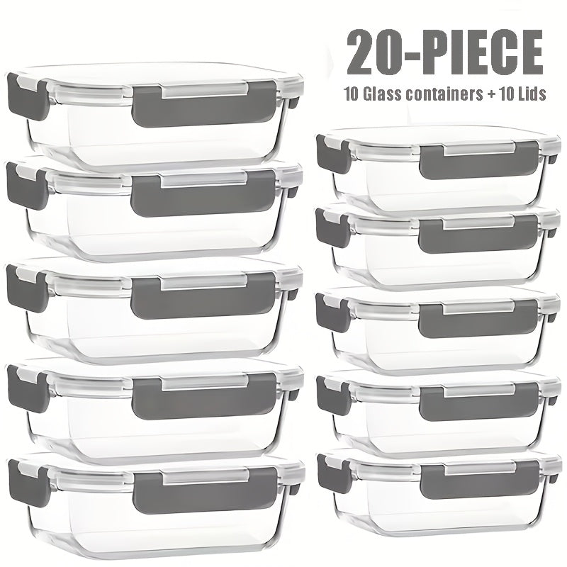 Glass Food Storage Containers with Lids 20 Piece Set Airtight Stackable Meal Prep Borosilicate Glass Containers Oven Microwave Dishwasher Freezer Safe BPA Free Kitchen Organization