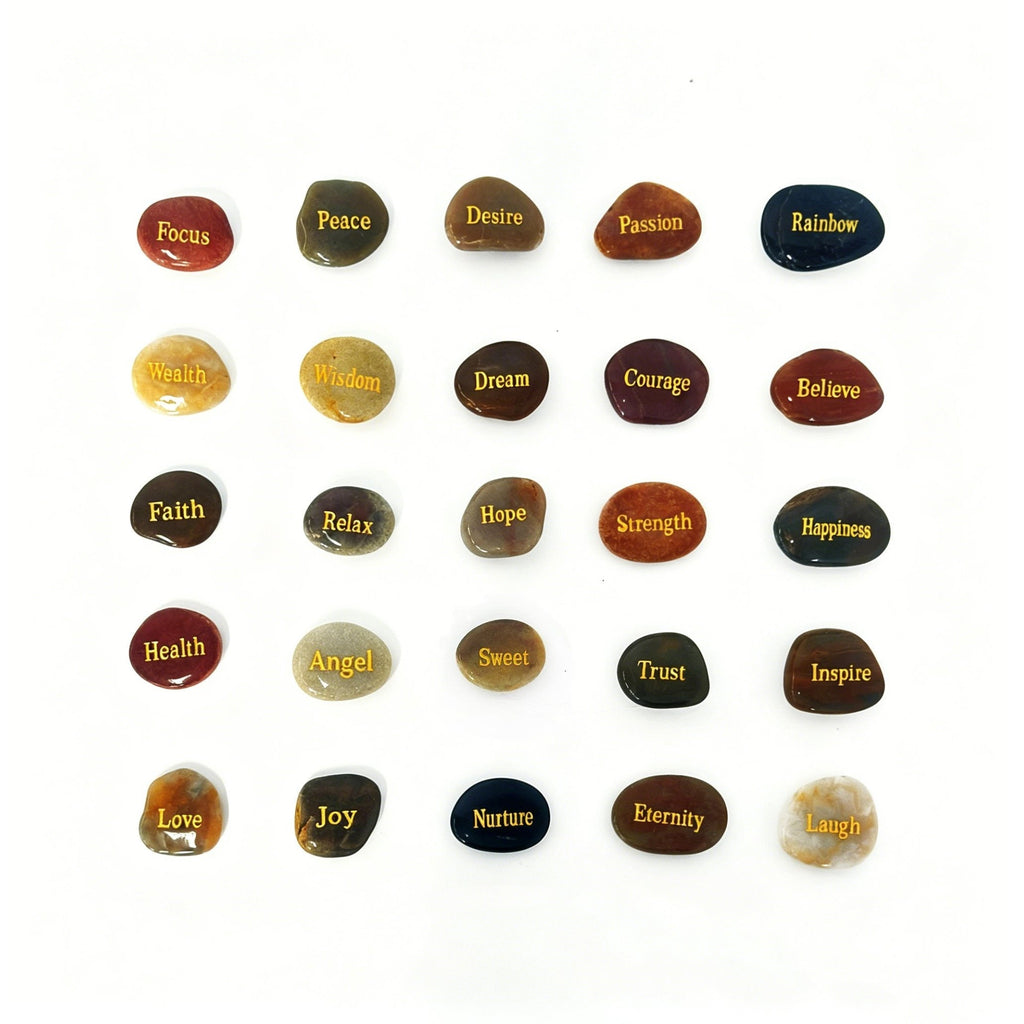 25pcs Engraved Inspirational Stones Set – Laser Engraved Golden Motivational Word Rocks Hand-Polished Mixed Color Natural Stones Home Decor Garden Prayer Meditation Gift for Friends Family