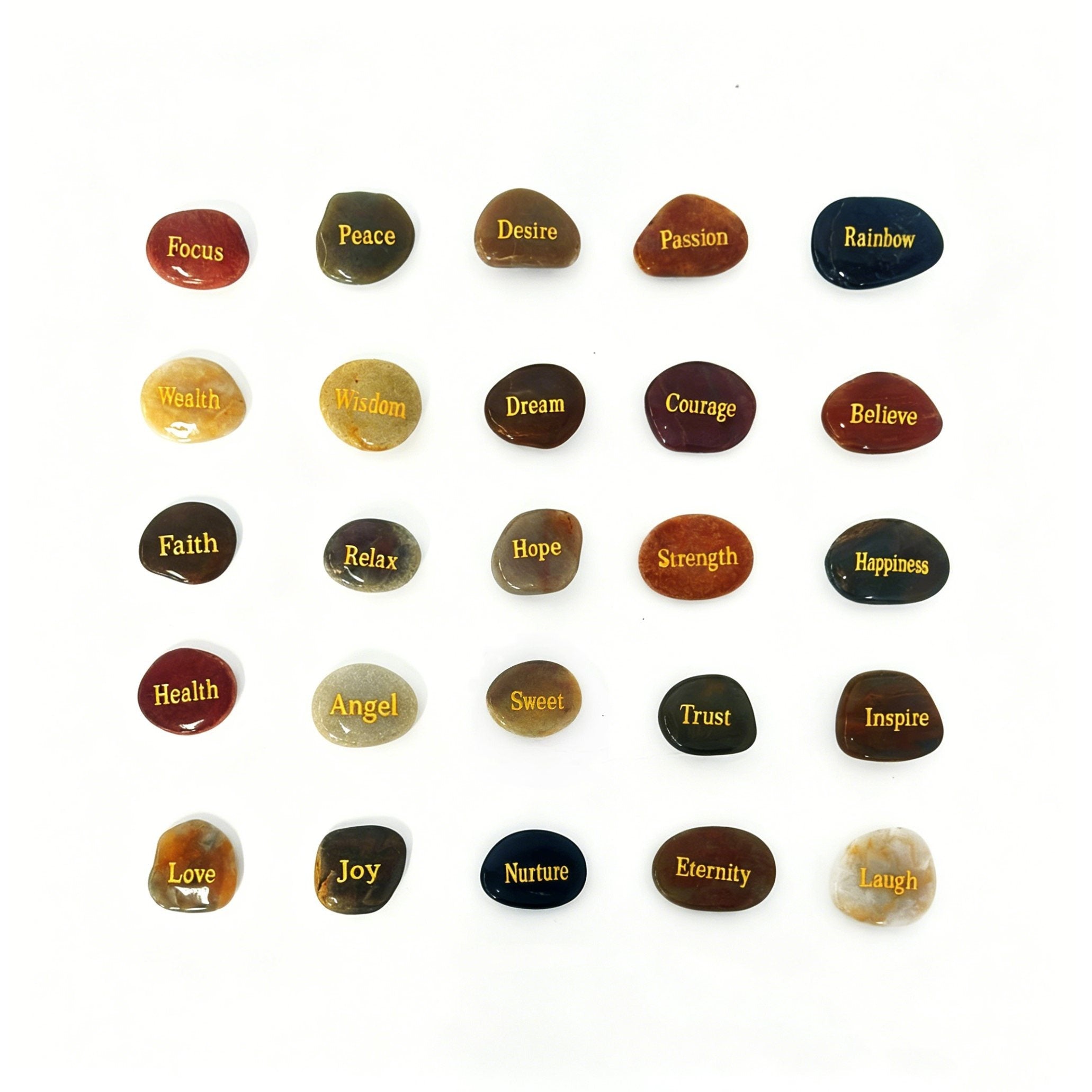 25pcs Engraved Inspirational Stones Set – Laser Engraved Golden Motivational Word Rocks Hand-Polished Mixed Color Natural Stones Home Decor Garden Prayer Meditation Gift for Friends Family
