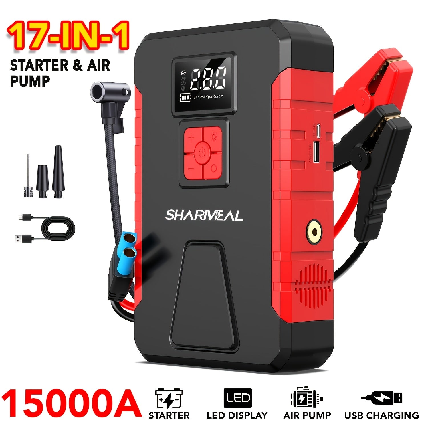 Portable Jump Starter 15000A-19000A Peak | 17-in-1 with 350PSI Air Compressor, 12V Car Battery Charger, LED Light, Digital Display – Emergency Kit for Cars, Trucks & SUVs