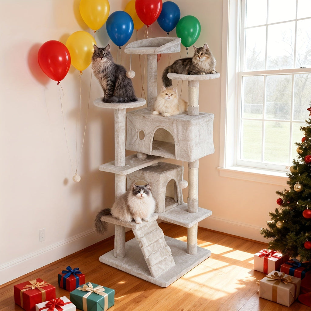 Multi-Level Cat Tree Tower with Scratching Post Indoor Kitten Activity Center Playhouse Easy Assembly 22 54 60 70 Inch Heights 7 Colors Dark Gray Beige Pink Navy Blue Green