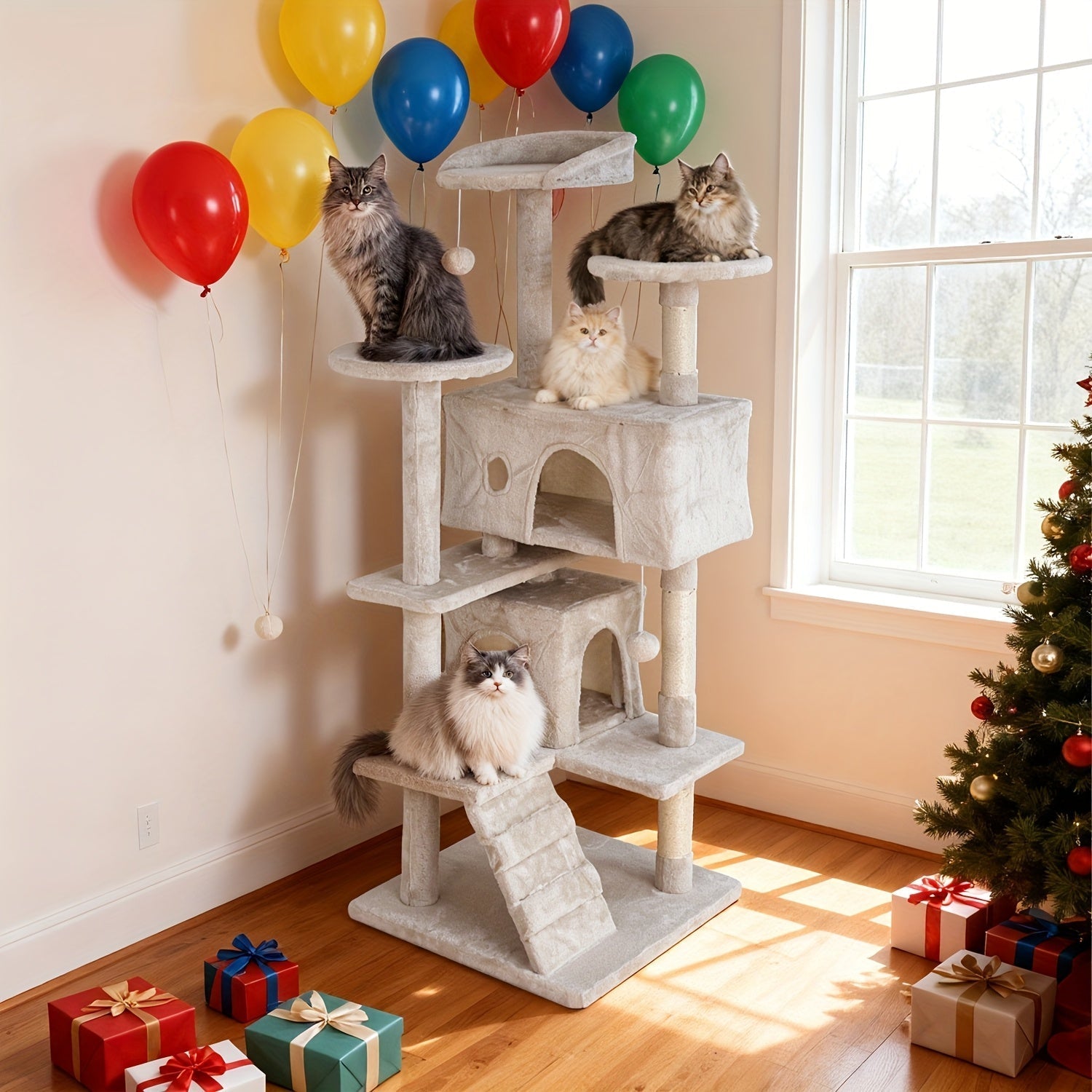 Multi-Level Cat Tree Tower with Scratching Post Indoor Kitten Activity Center Playhouse Easy Assembly 22 54 60 70 Inch Heights 7 Colors Dark Gray Beige Pink Navy Blue Green