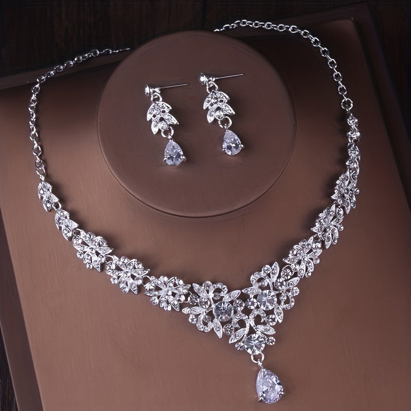 Bridal Jewelry Set 3 Pieces Silver Plated Crown Necklace & Earrings – Wedding Tiara Set for Bride Bridesmaid Prom Queen Birthday Banquet Quinceanera June Birthstone Gift for Women