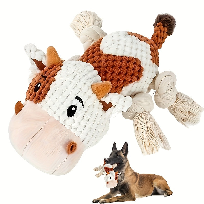 Squeaky Cow Dog Toy Plush Interactive Tug-of-War Rope with Crinkle Paper IQ Training Chew Toy for Small Medium Large Dogs Anxiety Relief Boredom Buster No Battery Needed