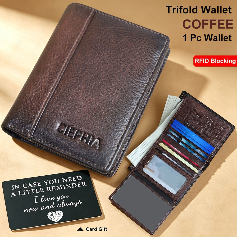 RFID Blocking Genuine Leather Wallet Men Trifold Cowhide Vintage 9 Card Slots 2 ID Windows Money Clip Cash Slots Father's Day Birthday Gift for Dad Husband Brown Black Blue